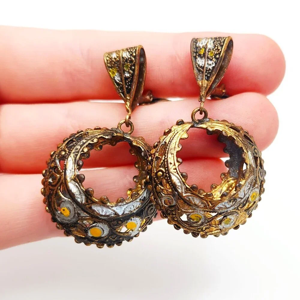 Vintage Damascene Enamel Aged Filigree Bronze Metal Clip On Drop Dangle Earrings - Picture 2 of 4